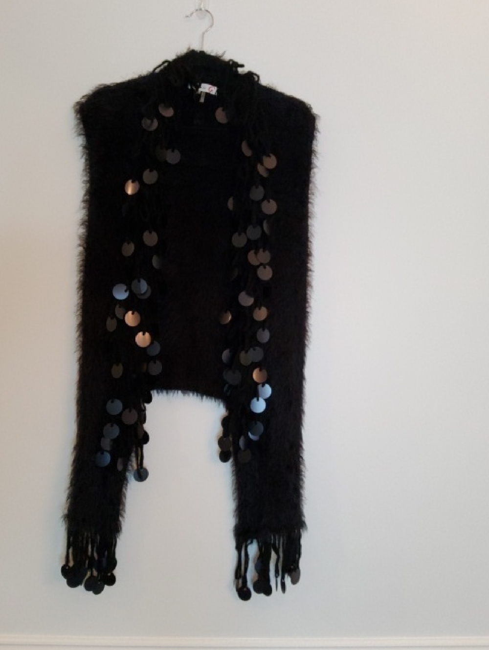 Black Sequin Fuzzy Fringe Open-Front Women's Sweater Vest